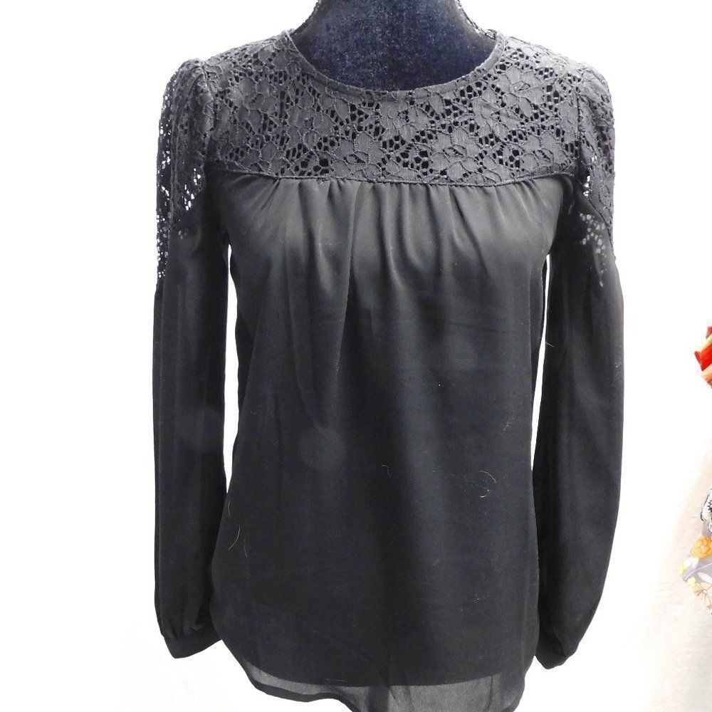 Anthropologie Kit and Sky S Black Silky Crochet Embroidered Blouse EUC